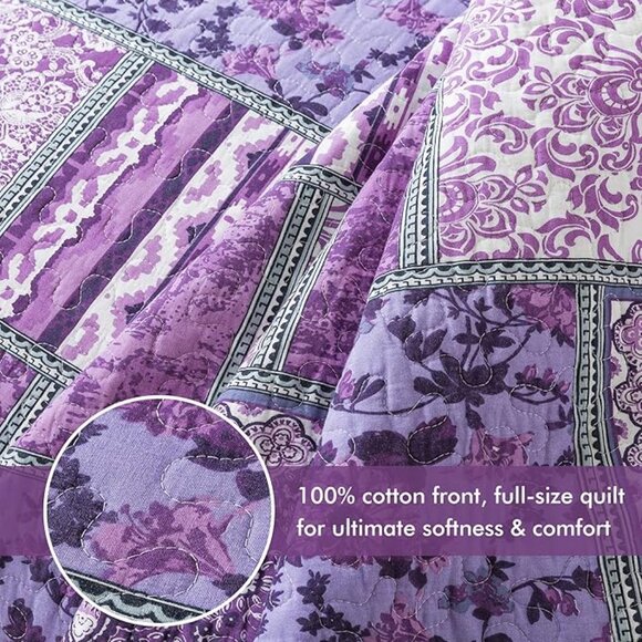 King Quilt Set/Soft Reversible Bed Cover, 2 Pillow Shams/ Floragrid Purple / NEW - Picture 5 of 6